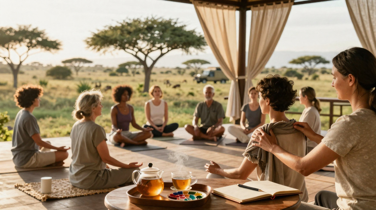 Gruppe meditiert im Freien unter Pavillon, zwei Personen bei Massage, Tee und Malfarben auf Tisch im Vordergrund.