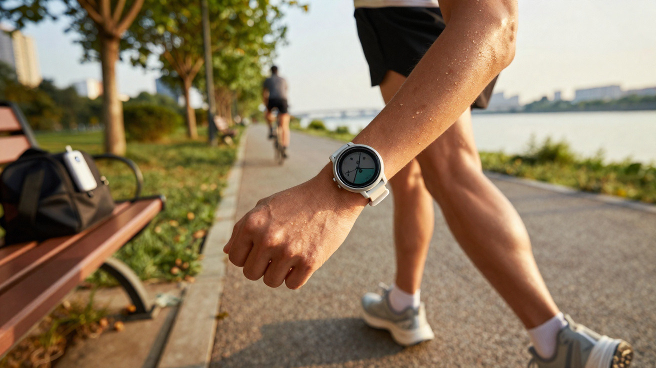 Nahaufnahme einer Person mit Sportuhr beim Joggen auf einem Weg am Wasser bei Sonne.