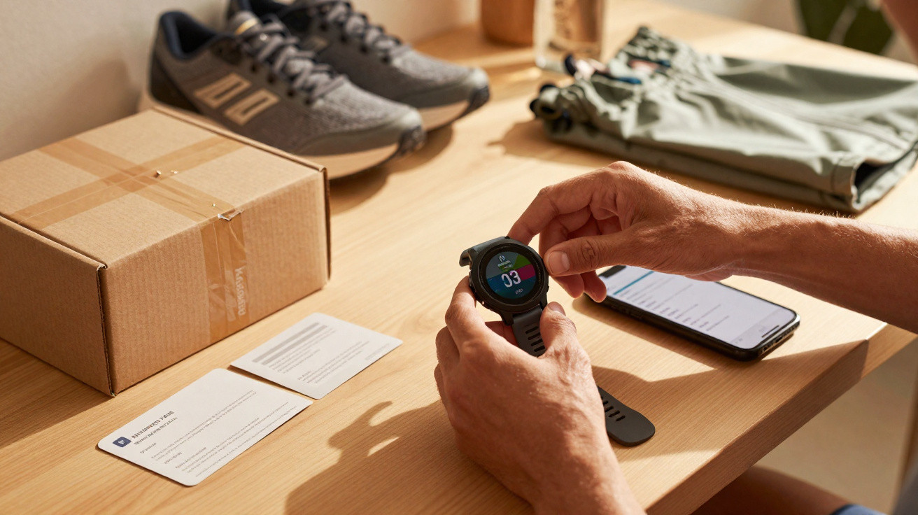 Person hält Sportuhr, auf Tisch Kartonschachtel, Sportschuhe, Smartphone und Kleidungstücke.