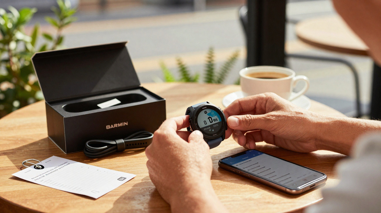 Person hält Garmin-Smartwatch, neben Smartphone, offener Verpackung und Kaffee auf Holztisch im Freien.