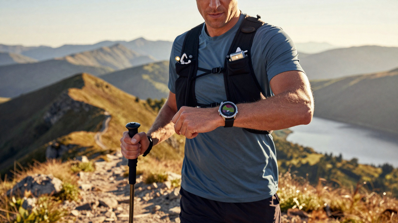 Mann mit Wanderstock und Rucksack prüft die GPS-Uhr auf Bergwanderweg bei Sonnenuntergang.
