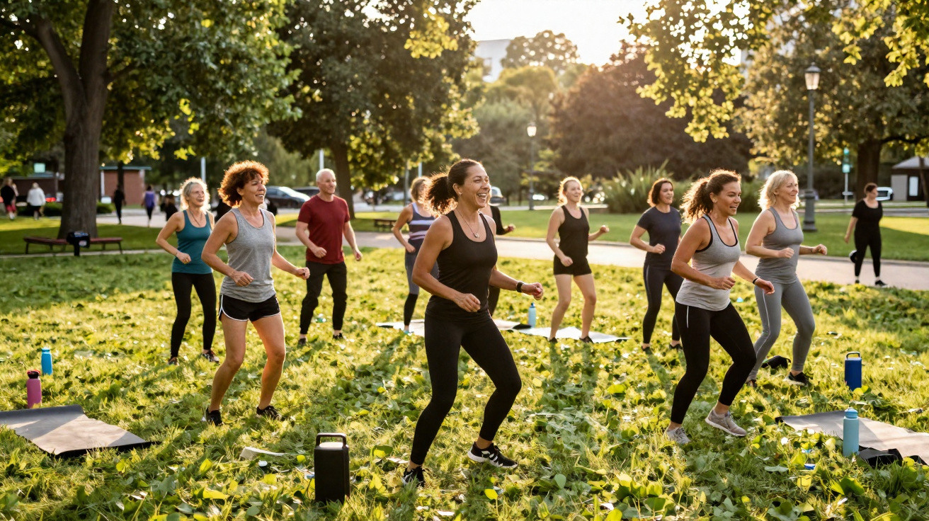 Gruppe von Erwachsenen macht im Park bei Sonnenlicht gemeinsam Fitnessübungen auf der Wiese.