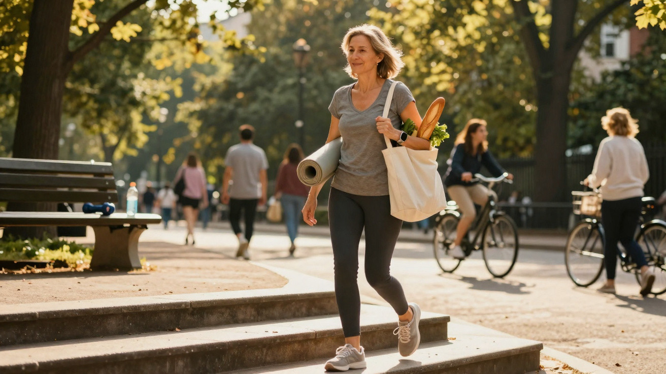 Frau trägt Yogamatte und Einkaufstüte mit Baguette, geht entspannt in sonnigem Park spazieren.