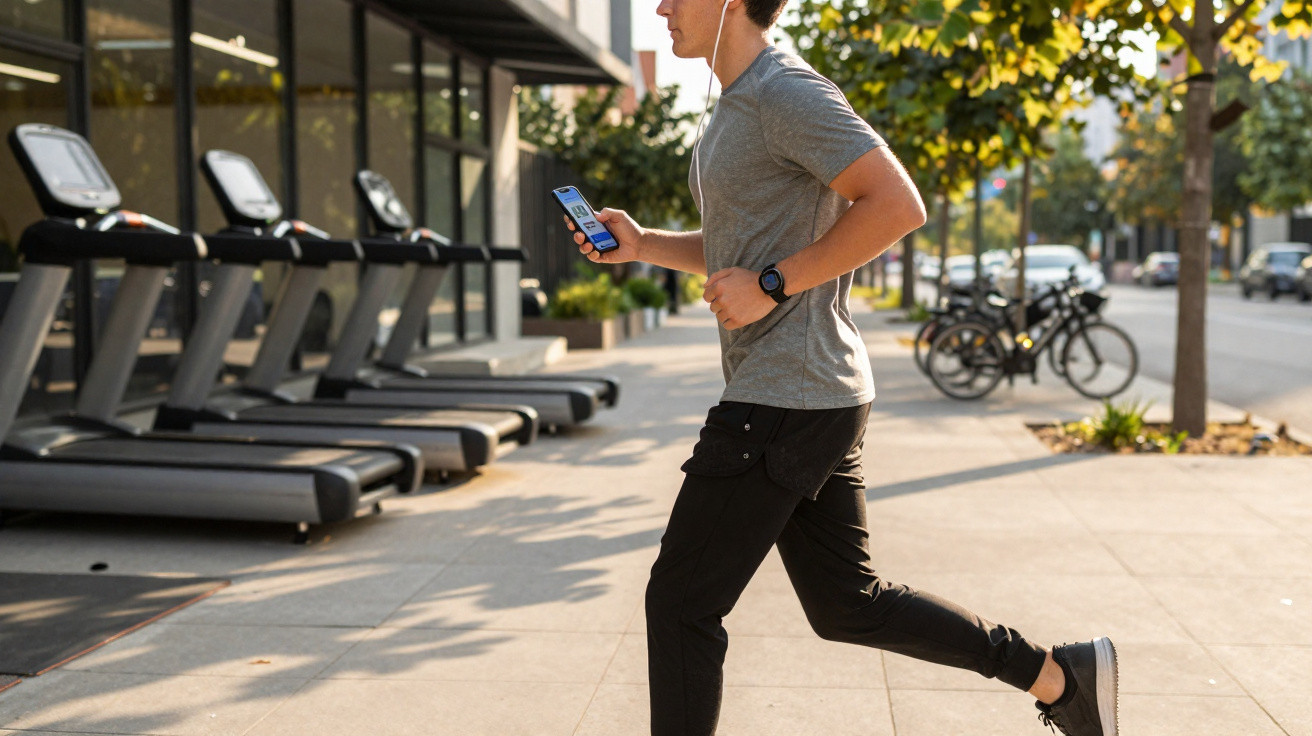 Junger Mann joggt draußen mit Smartphone und Kopfhörern vor einem Fitnessstudio mit Laufbändern.