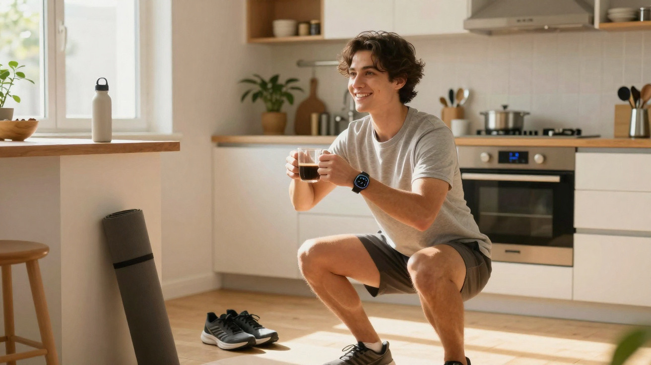 Junger Mann in Sportkleidung macht Kniebeuge und hält Tasse mit Getränk in heller Küche.