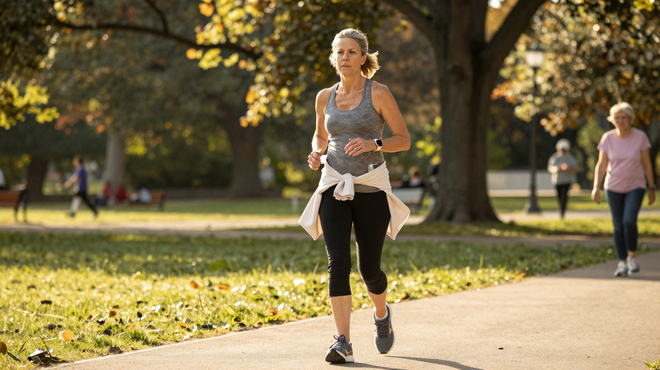 Frau joggt im herbstlichen Park auf einem Weg, im Hintergrund Bäume und Spaziergänger.