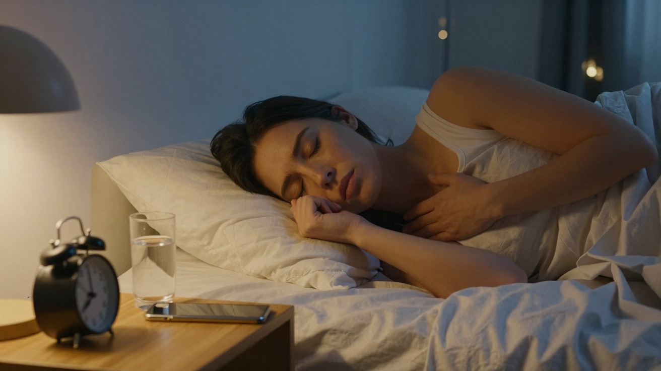 Frau schläft im Bett, neben Nachttisch mit Wecker, Glas Wasser und Smartphone, gedämpftes Licht nachts.