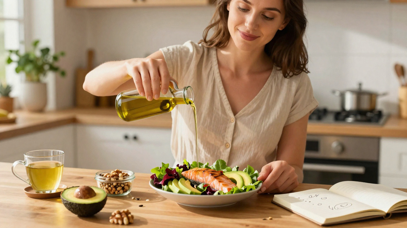Frau gießt Olivenöl über Salat mit Avocado und Lachs in heller Küche, Buch und Tee auf Tisch.