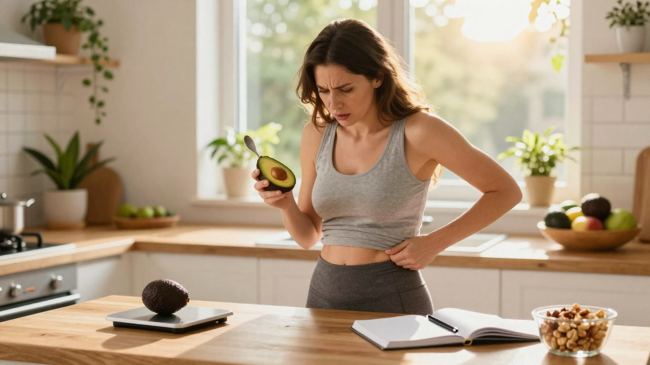 Frau misst Kalorien in der Küche mit Avocado, schaut besorgt auf ihre Taille im grauen Sportoutfit.
