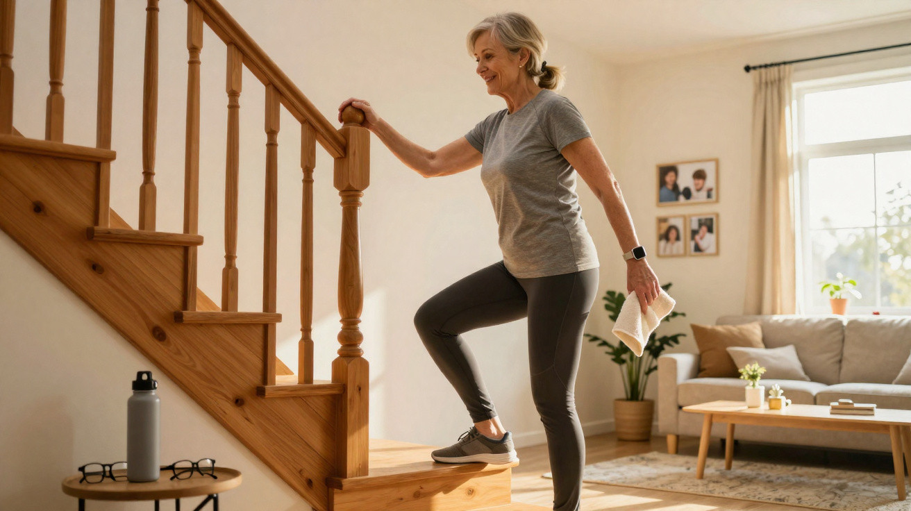 Ältere Frau in Sportkleidung beim Treppensteigen in einem hellen Wohnzimmer mit Holztreppe und Sofa.