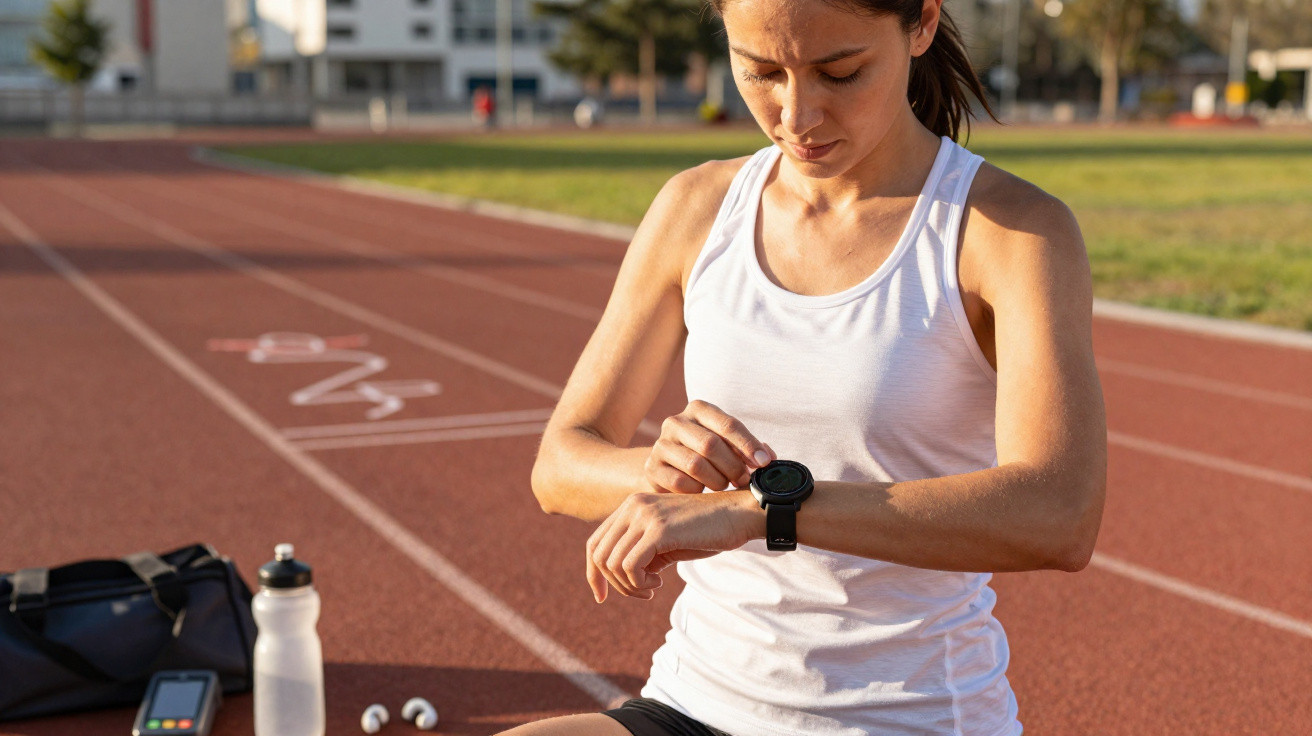 Frau in Sportkleidung überprüft Uhr auf Laufbahn, im Hintergrund Wasserflasche und Sporttasche sichtbar.