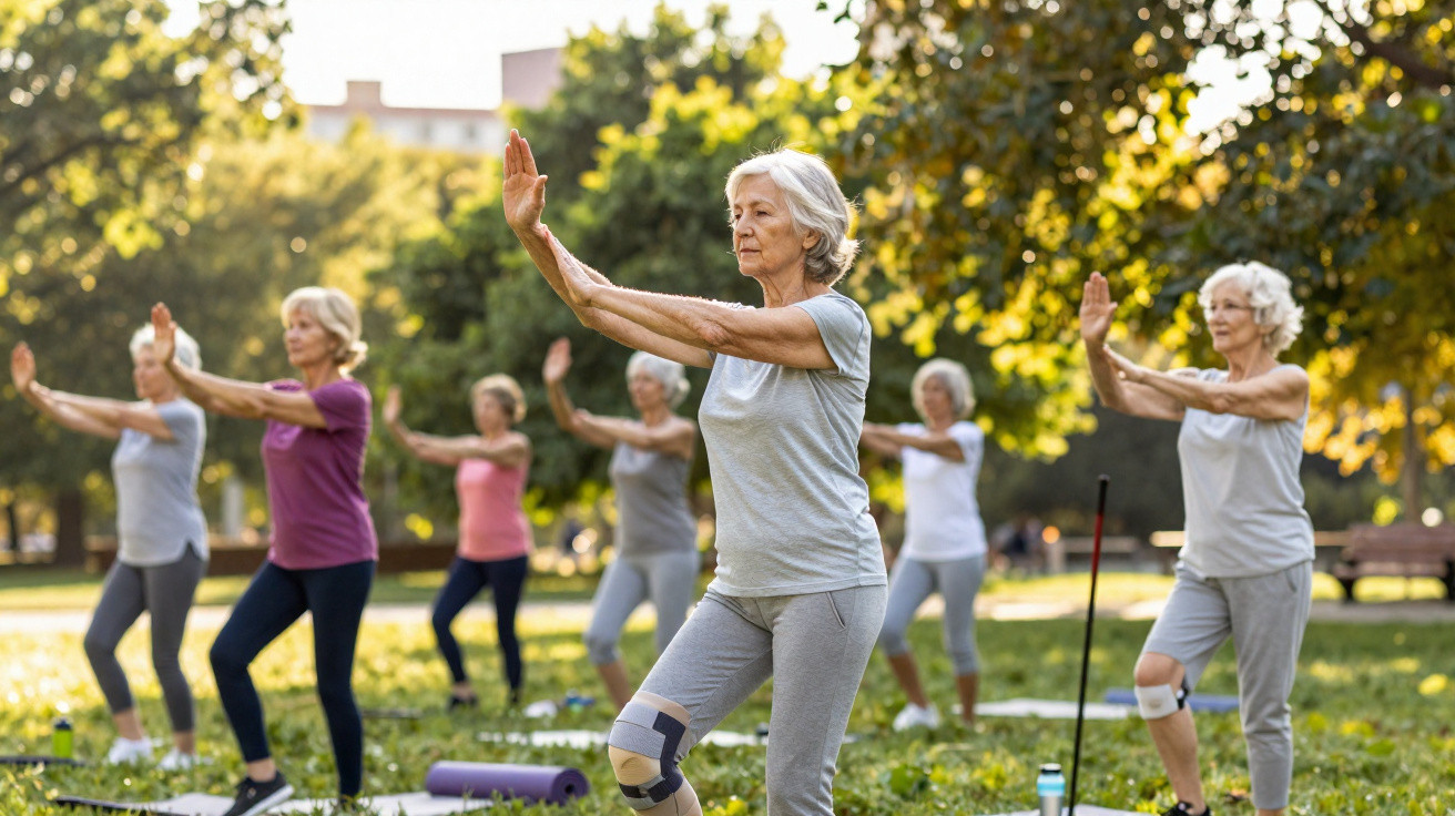 Ältere Frauen üben gemeinsam Tai Chi im Park bei sonnigem Wetter mit grünem Hintergrund.