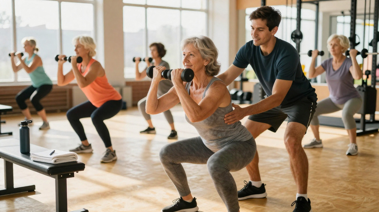 Ältere Frauen trainieren mit Hanteln unter Anleitung eines Trainers in einem hellen Fitnessstudio.
