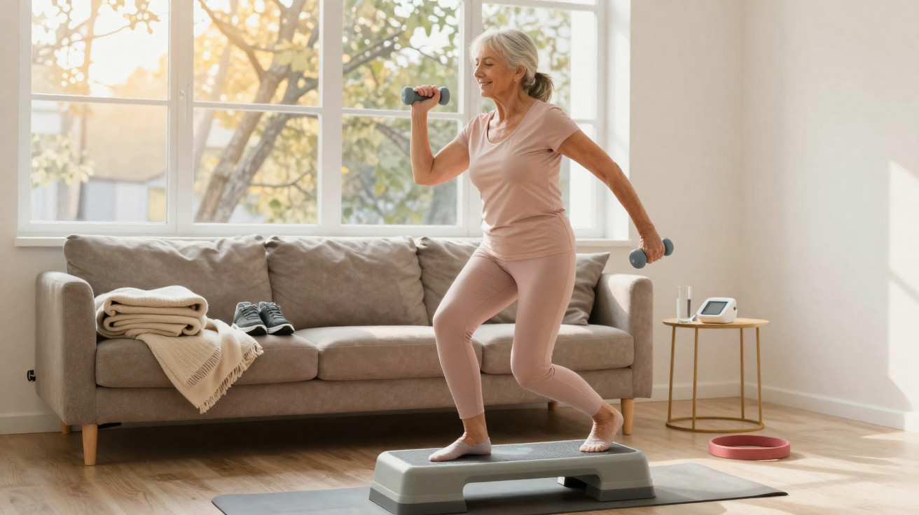 Ältere Frau macht Step-Aerobic mit Hanteln vor großem Fenster im hellen Wohnzimmer.