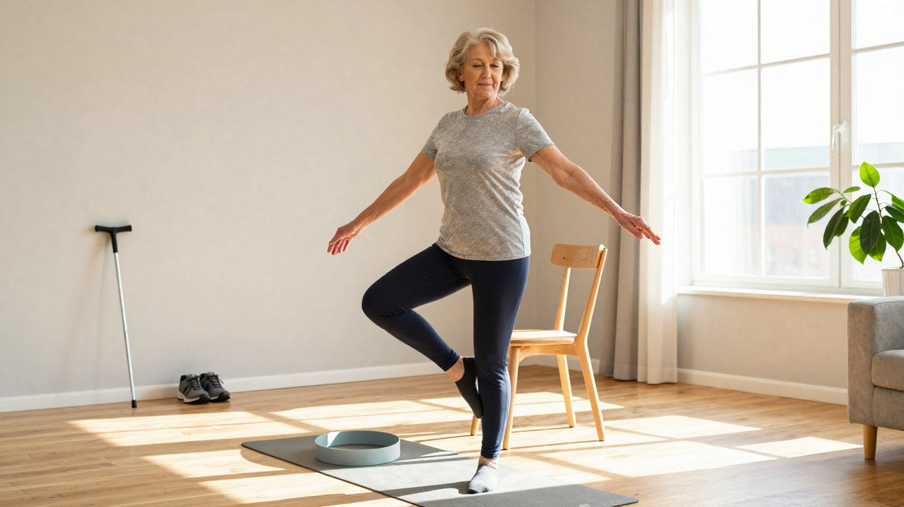 Ältere Frau balanciert auf einem Bein im Wohnzimmer, neben Rollator, Stuhl und Yogamatte, im Sonnenschein.