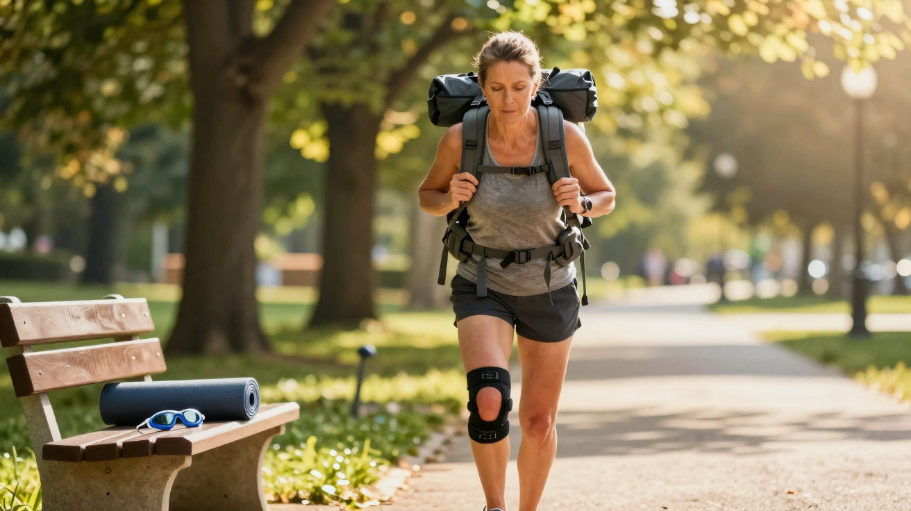 Frau mit Rucksack und Kniebandage joggt auf sonnigem Parkweg, Bank mit Yogamatte und Sonnenbrille im Hintergrund.
