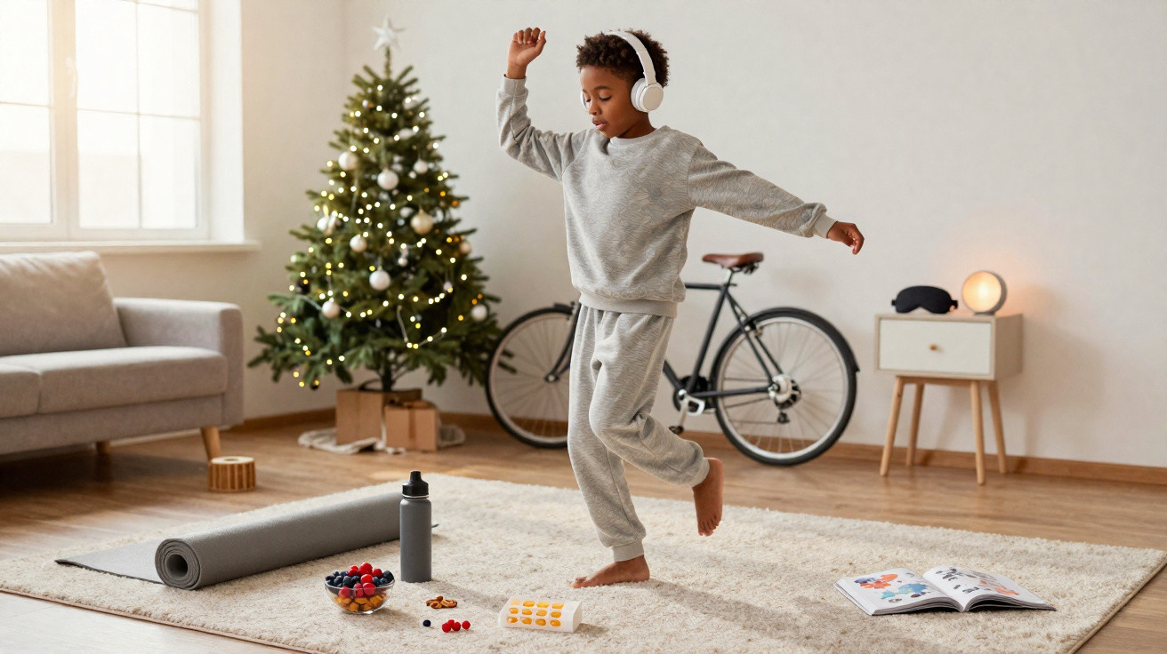Junge tanzt mit Kopfhörern im Wohnzimmer neben Weihnachtsbaum und gemütlichem Sofa.