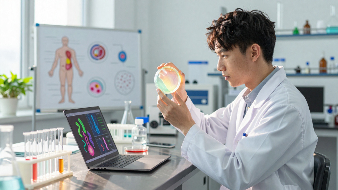 Wissenschaftler im Labor untersucht Petrischale mit Zellkulturen vor Laptop mit DNA-Analysen.