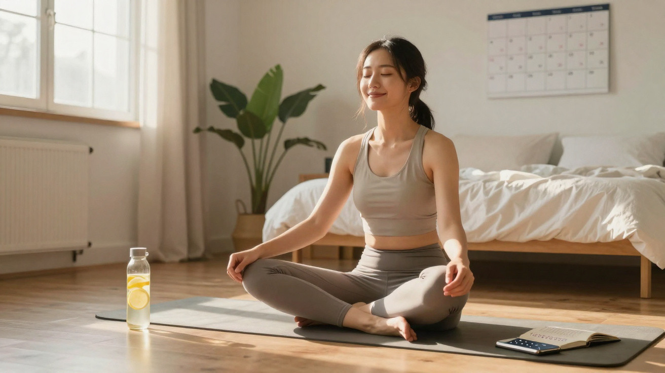 Frau meditiert im Schneidersitz auf Yogamatte in hellem Schlafzimmer neben Wasserflasche und Buch.