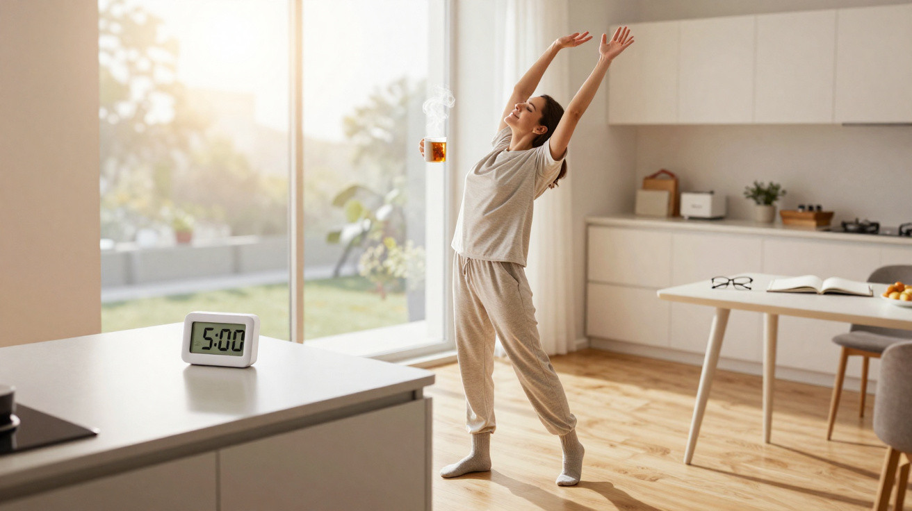 Frau dehnt sich am Morgen in heller Küche, dampfende Teetasse schwebt neben ihr, Wecker zeigt 5 Uhr.