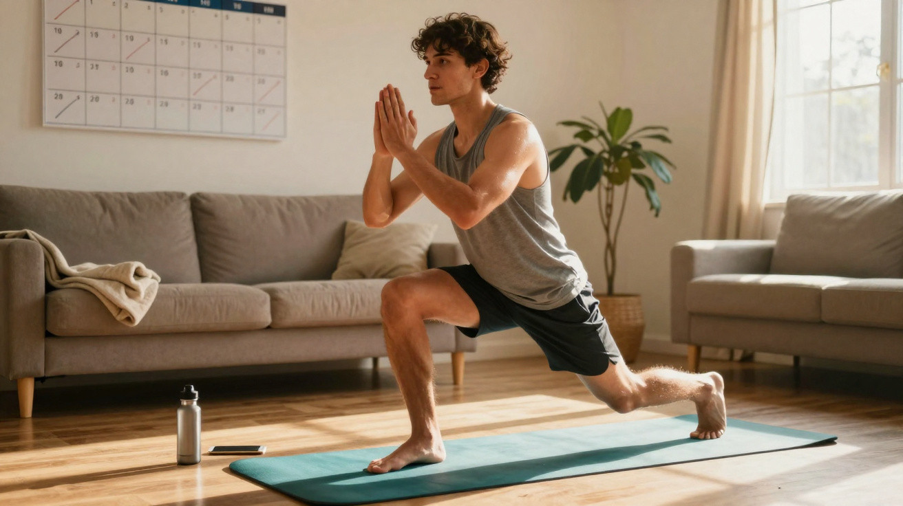 Junger Mann macht Yoga-Lunge auf Matte im Wohnzimmer mit Sofa und Pflanze im Hintergrund.