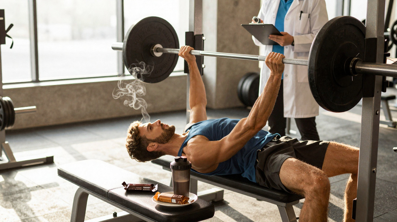 Mann hebt schwere Hantel im Fitnessstudio, daneben Trainer mit Klemmbrett, Eiweißshaker und Snacks auf Bank.