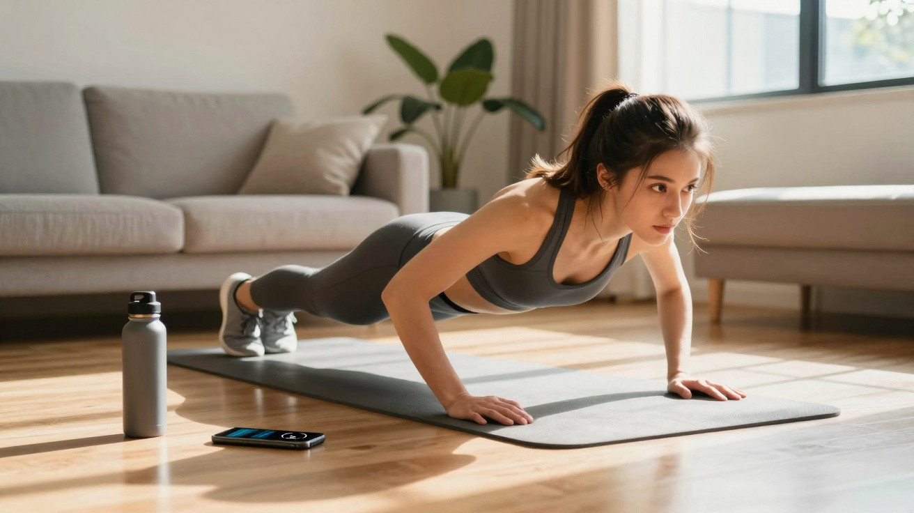Frau macht Liegestütze auf Yogamatte im Wohnzimmer, neben Wasserflasche und Smartphone auf Holzboden.