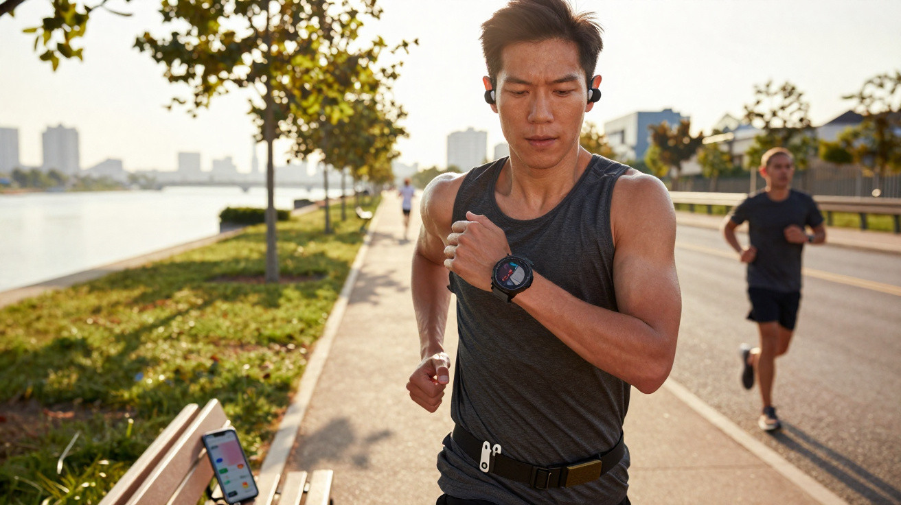 Mann joggt am Flussufer mit Fitnessuhr und Earbuds, weitere Läufer im Hintergrund bei sonnigem Wetter.