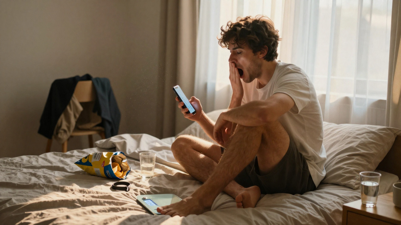 Müder junger Mann sitzt auf Bett, gähnt und schaut auf sein Smartphone im hell erleuchteten Schlafzimmer.