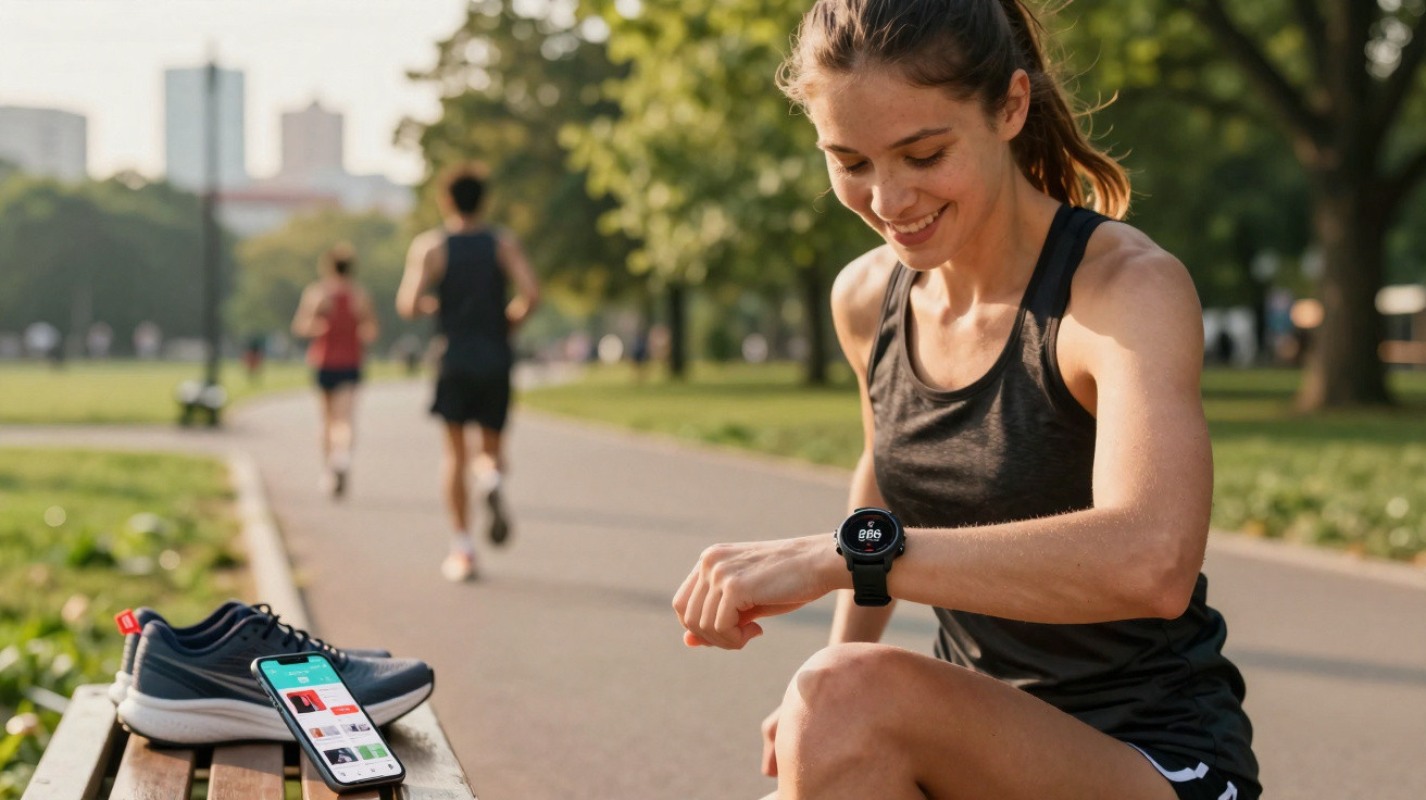Junge Frau im Sportoutfit sitzt im Park auf Bank und schaut auf ihre Sportuhr beim Joggen.