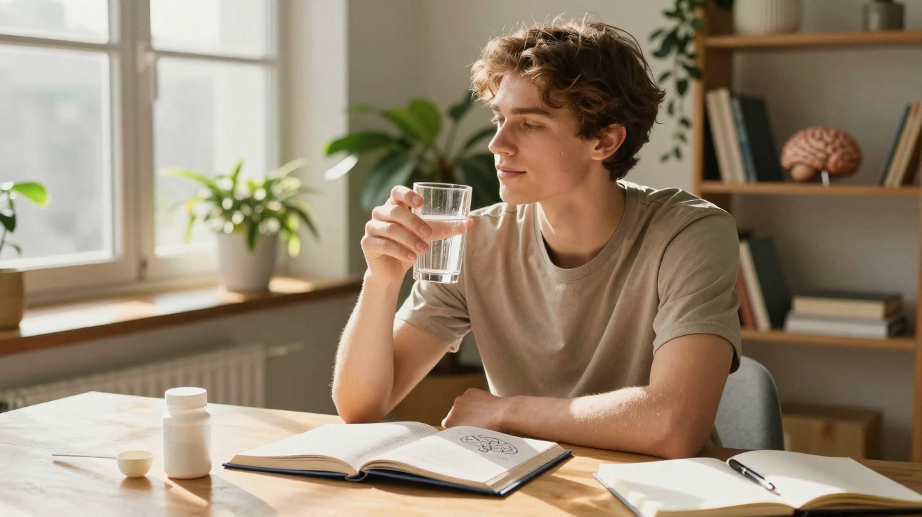 Junger Mann sitzt am Tisch mit Büchern und nimmt ein Glas Wasser, helle gemütliche Wohnumgebung.