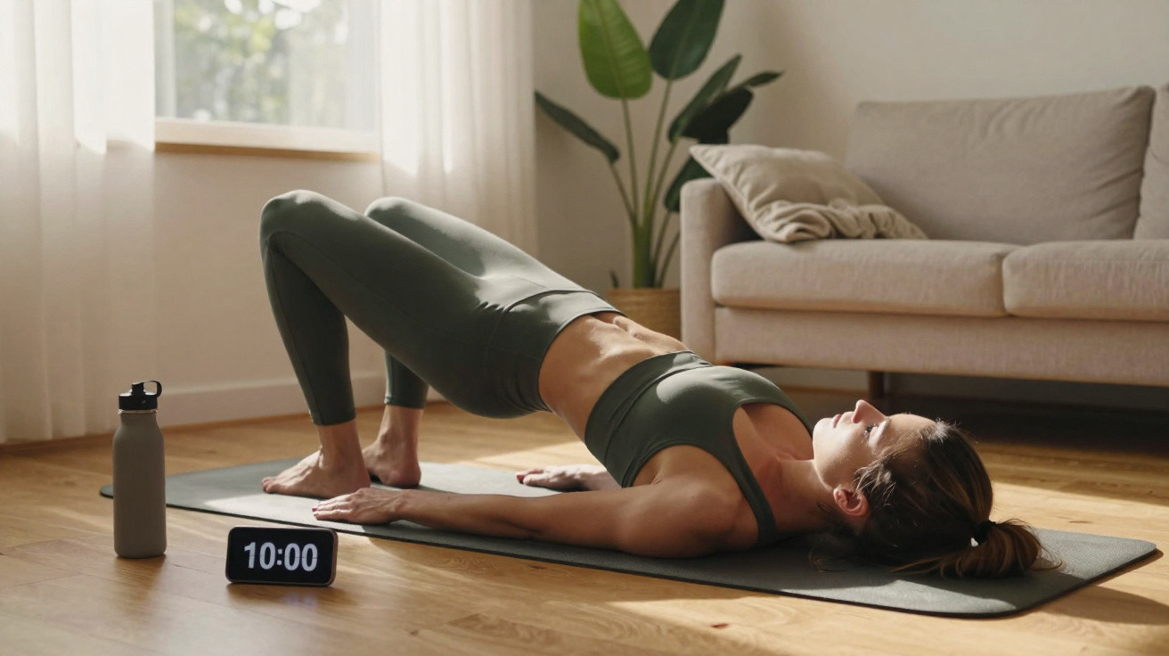 Frau macht Yoga-Brücke auf Matte im Wohnzimmer mit Wasserflasche und digitaler Uhr im Vordergrund.