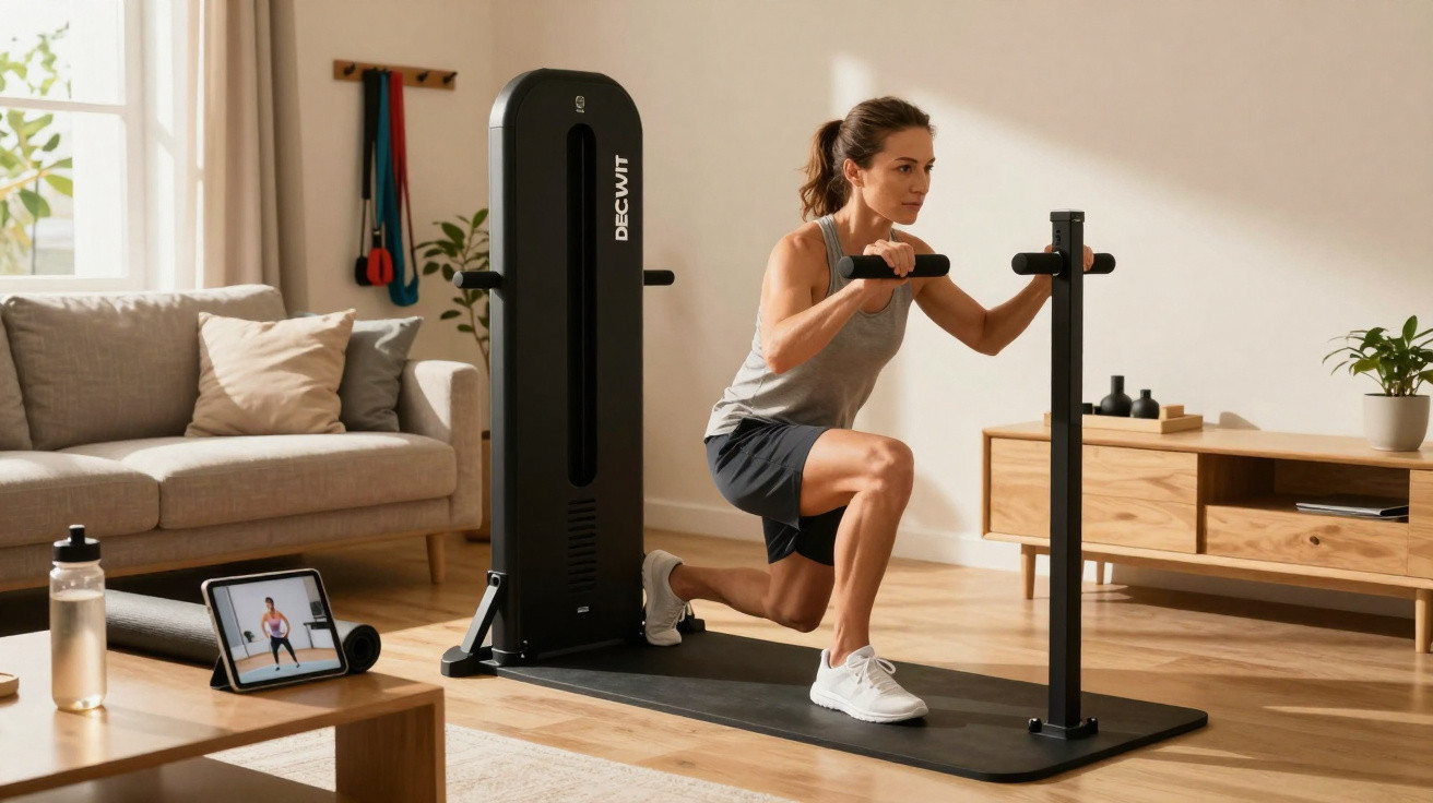 Frau trainiert zuhause mit Fitnessgerät und verfolgt Workout auf Tablet im Wohnzimmer.