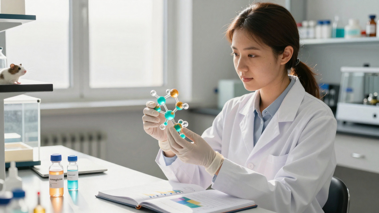Wissenschaftlerin im Labor untersucht ein Molekülmodell, unter Laborgeräten und einem kleinen weißen Versuchsmäuschen.
