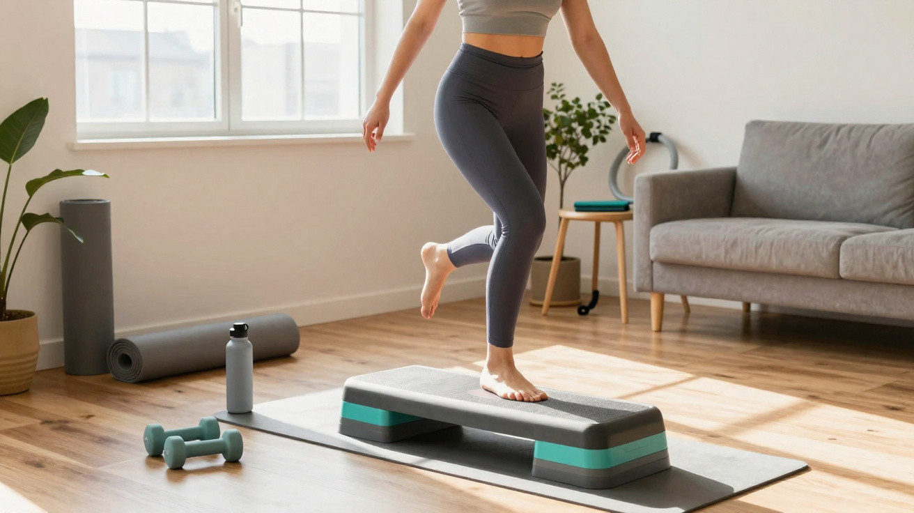Frau training Balance auf Stepper im Wohnzimmer mit Matte, Hanteln und Wasserflasche.