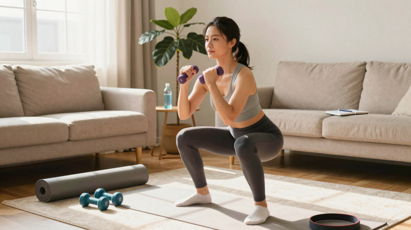 Frau macht Kniebeugen mit Hanteln im Wohnzimmer, umgeben von Fitnessmatte und Geräten.