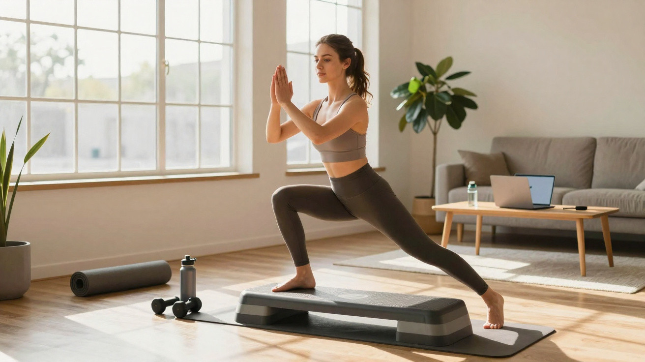 Frau macht Yoga-Lunge auf Stepper in hellem Wohnzimmer mit Laptop und Pflanzen im Hintergrund.