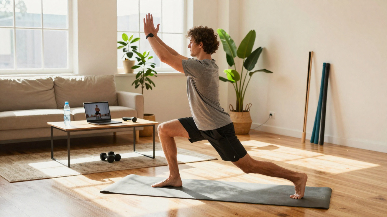 Mann macht Yoga-Lunges auf Matte in hellem Wohnzimmer mit Laptop, Pflanzen und Sofa im Hintergrund.