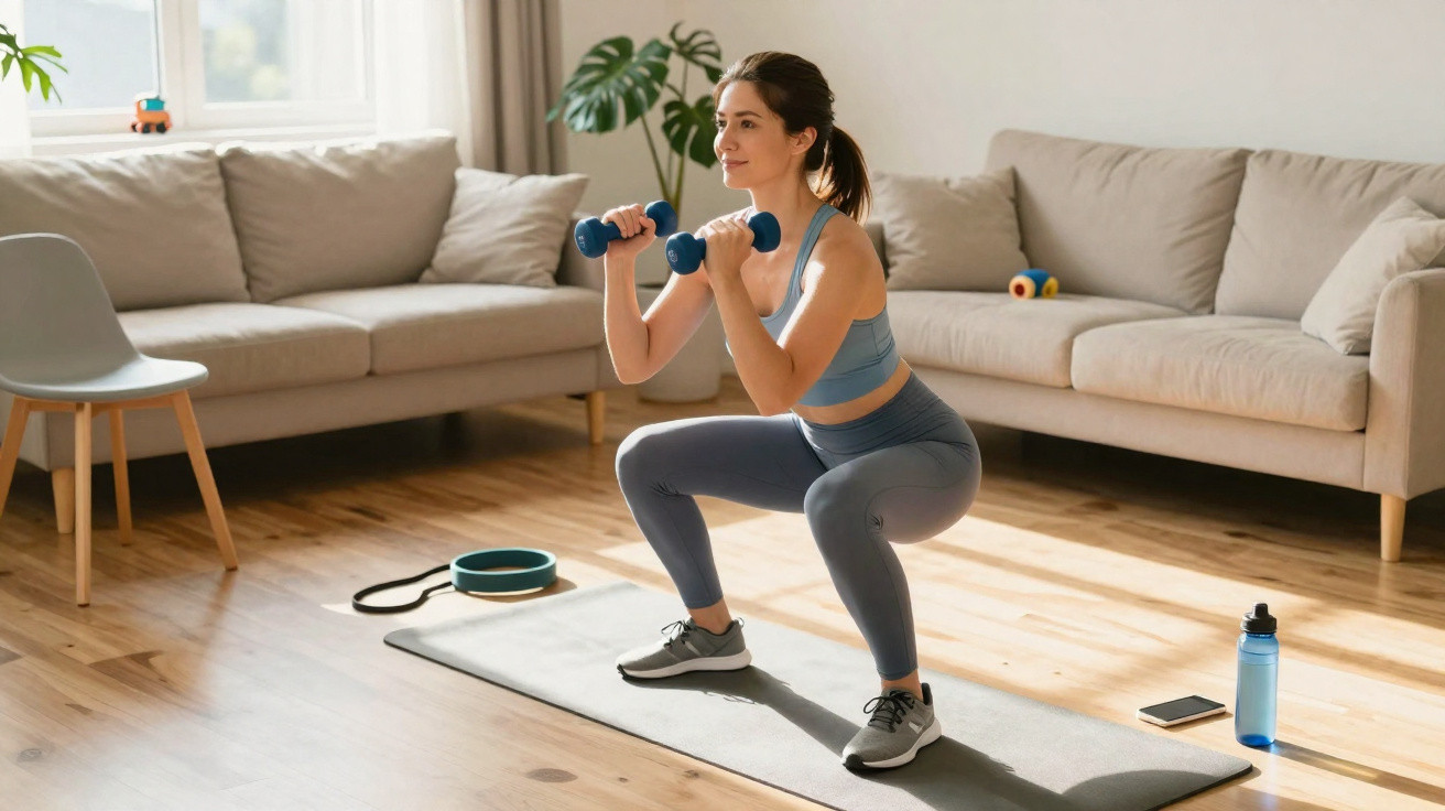 Frau macht Kniebeugen mit Hanteln auf Yogamatte im hellen Wohnzimmer mit Sofa und Stuhl.