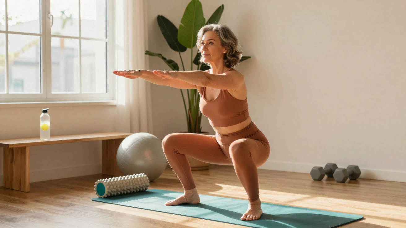 Ältere Frau in Sportkleidung macht Kniebeugen auf Yogamatte in hellem Raum mit Sportgeräten.