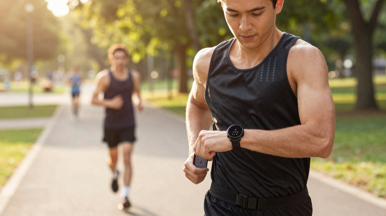 Mann in Sportkleidung überprüft beim Joggen im Park seine Smartwatch, weitere Läufer im Hintergrund.