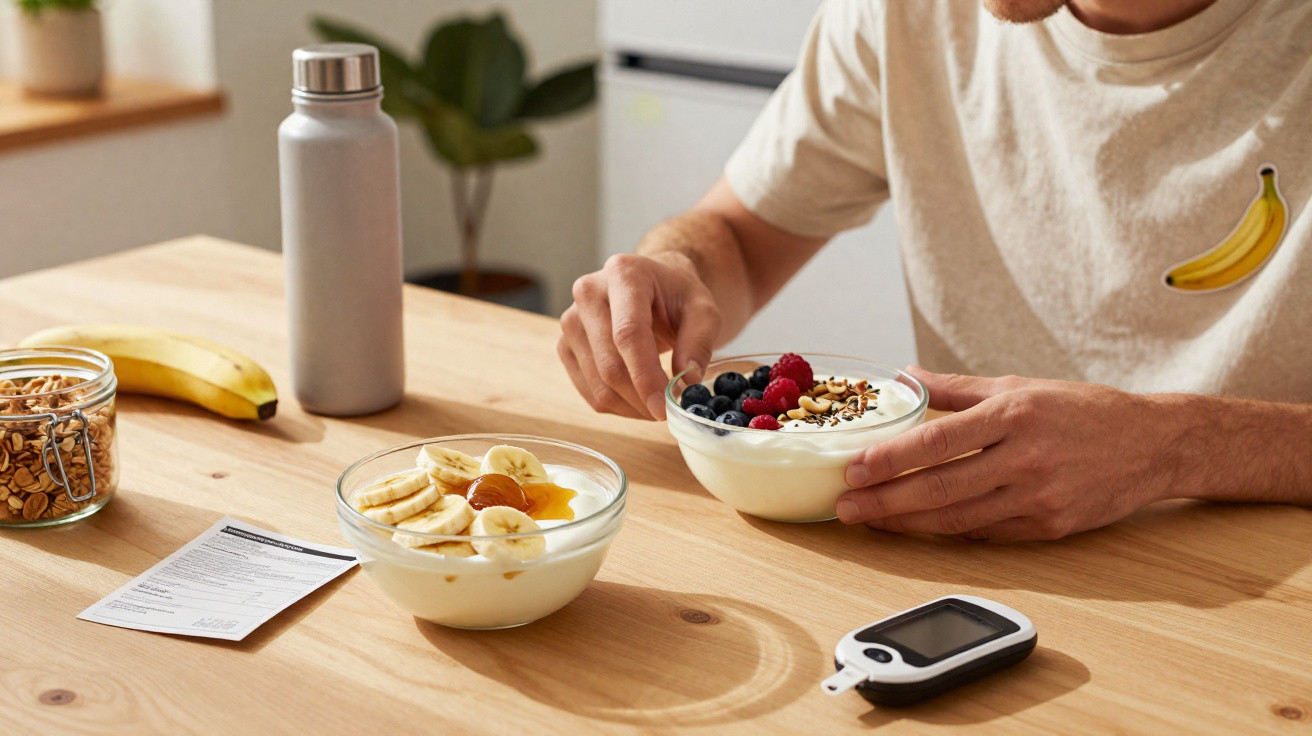Mann isst Joghurt mit Beeren und Nüssen am Tisch, daneben Banane, Wasserflasche und Blutzuckermessgerät.