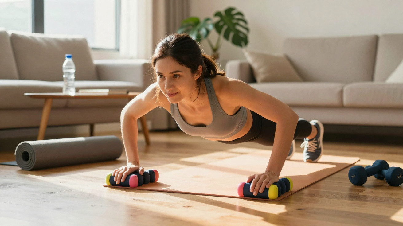 Frau macht Liegestütze mit Handgewichten auf Yogamatte im Wohnzimmer neben Hanteln und Matte.