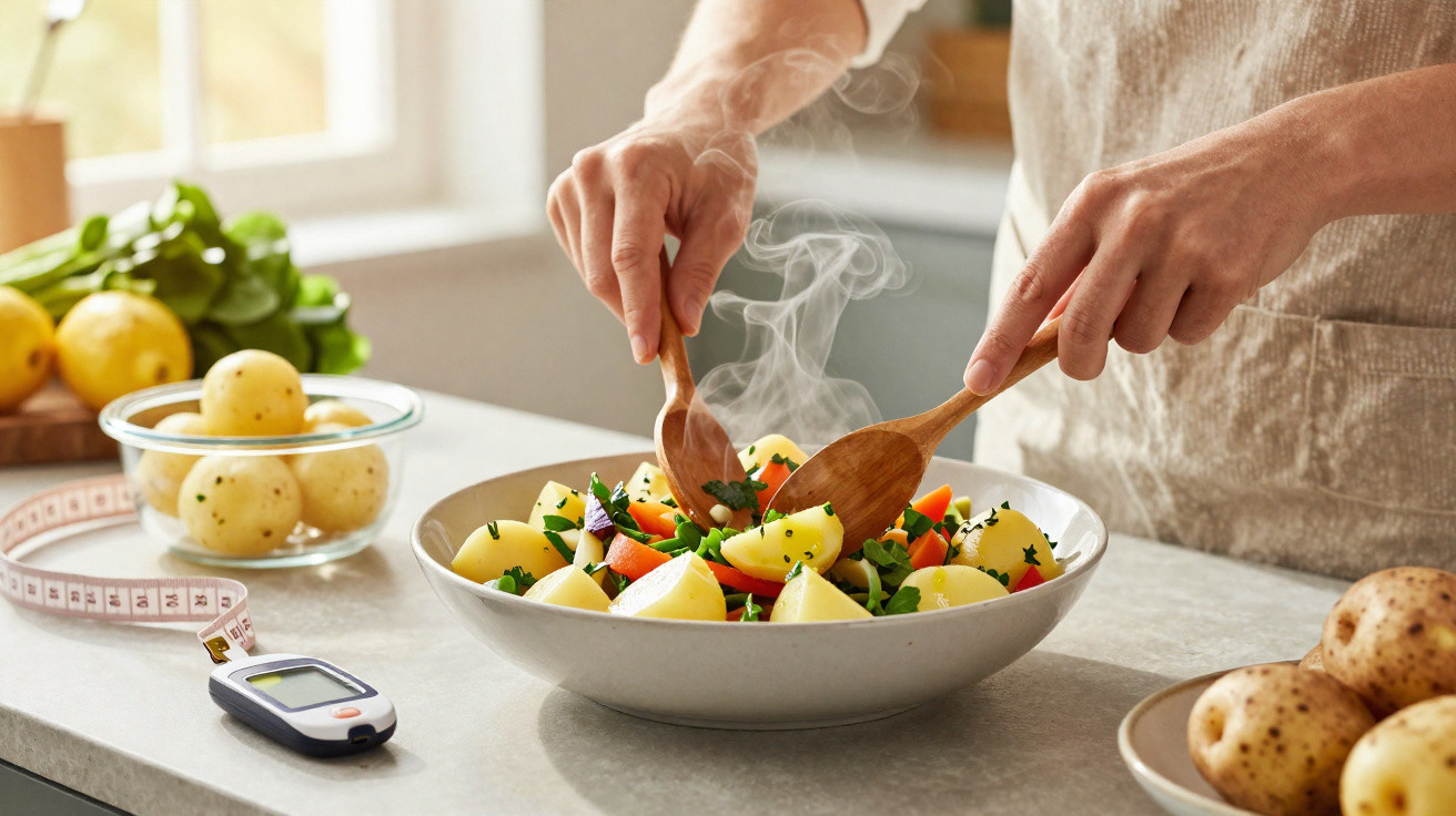 Person rührt dampfenden Kartoffel-Gemüse-Salat mit Holzbesteck in Schüssel auf Küchentheke.