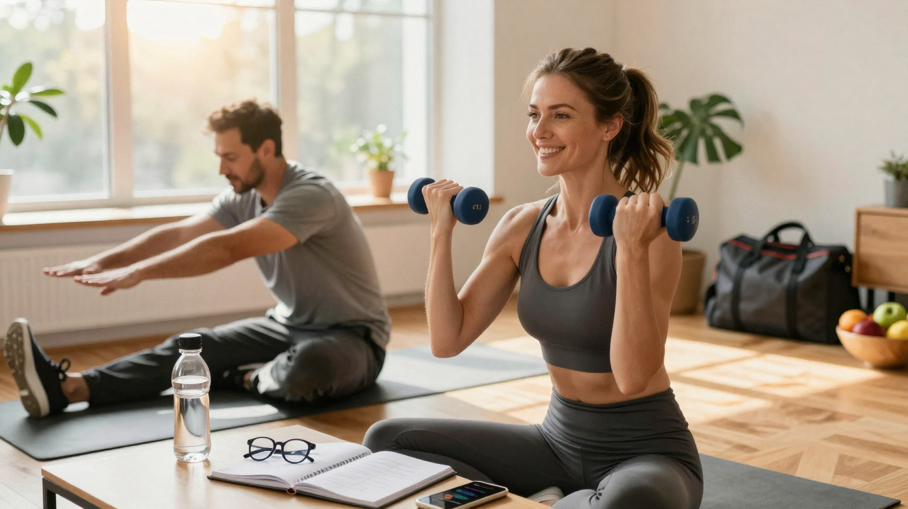Frau hebt Hanteln sitzend auf Yogamatte, Mann macht Dehnübungen im hellen Wohnzimmer.
