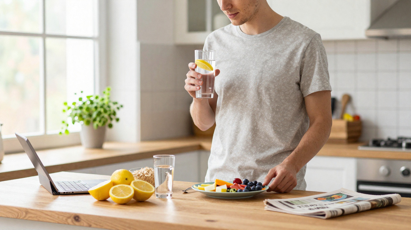 Mann steht in der Küche, hält ein Glas Wasser mit Zitrone und bereitet sich einen Frühstücksteller mit Obst zu.