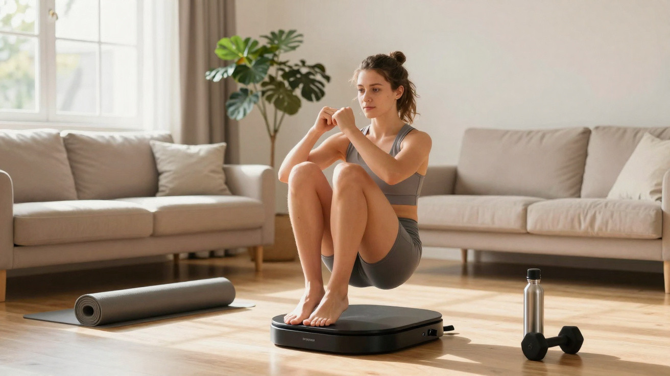 Frau trainiert zuhause auf einem vibrierenden Fitnessgerät mit Hanteln und Matte im Wohnzimmer.