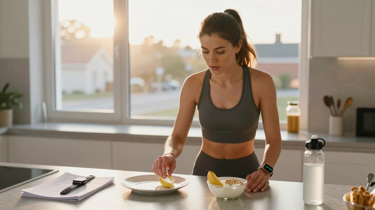 Frau in Sportkleidung bereitet in moderner Küche gesunden Snack mit Apfel und Müsli vor.