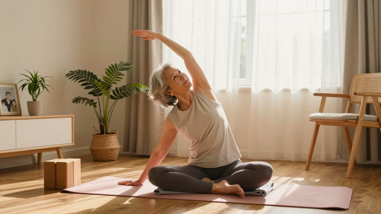 Ältere Frau macht Yoga-Dehnübung auf Matte in hellem, gemütlichem Wohnzimmer mit Pflanzen und Möbeln.