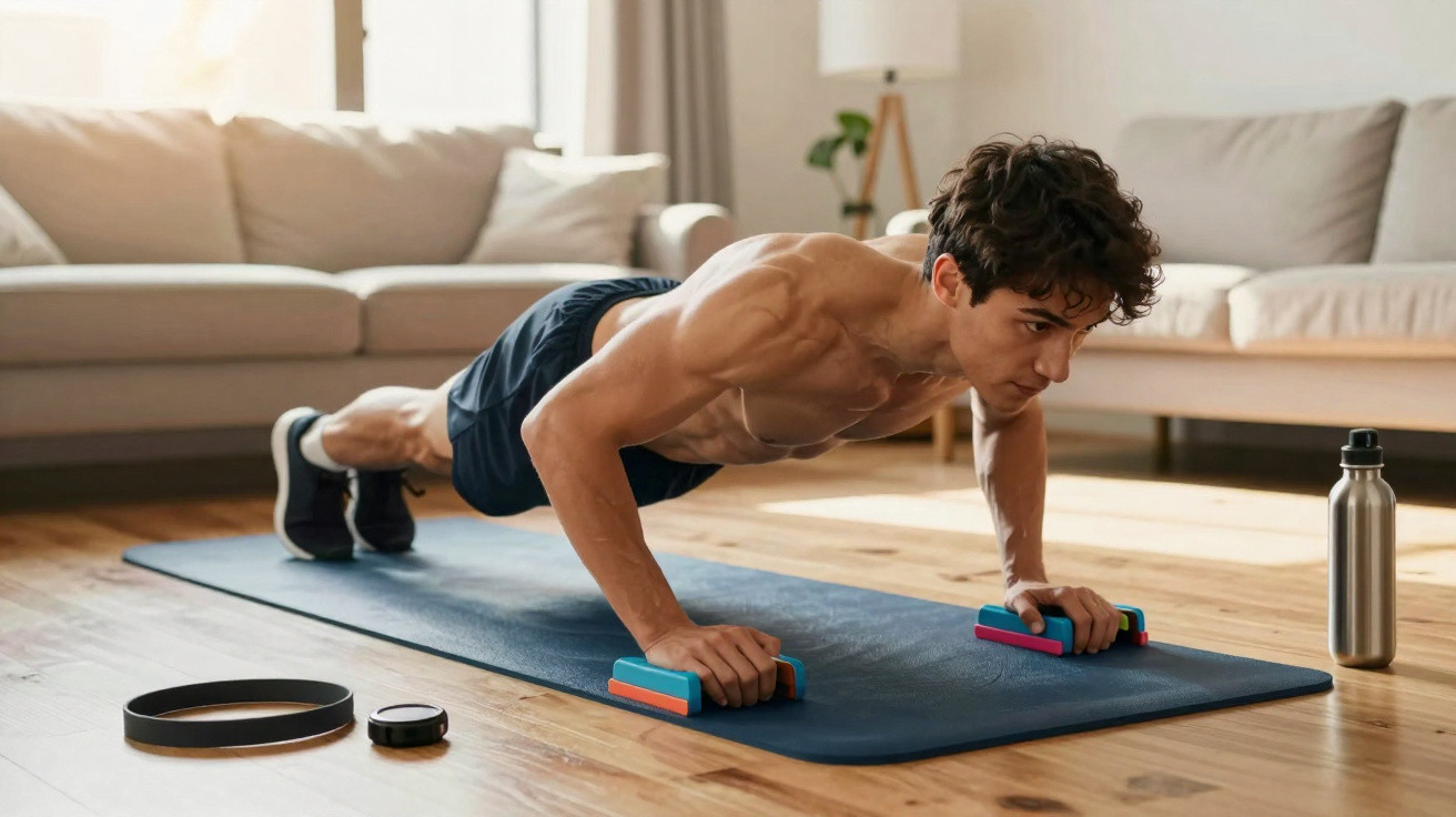 Junger Mann macht Liegestütze mit Griffen auf Yogamatte in hellem Wohnzimmer.